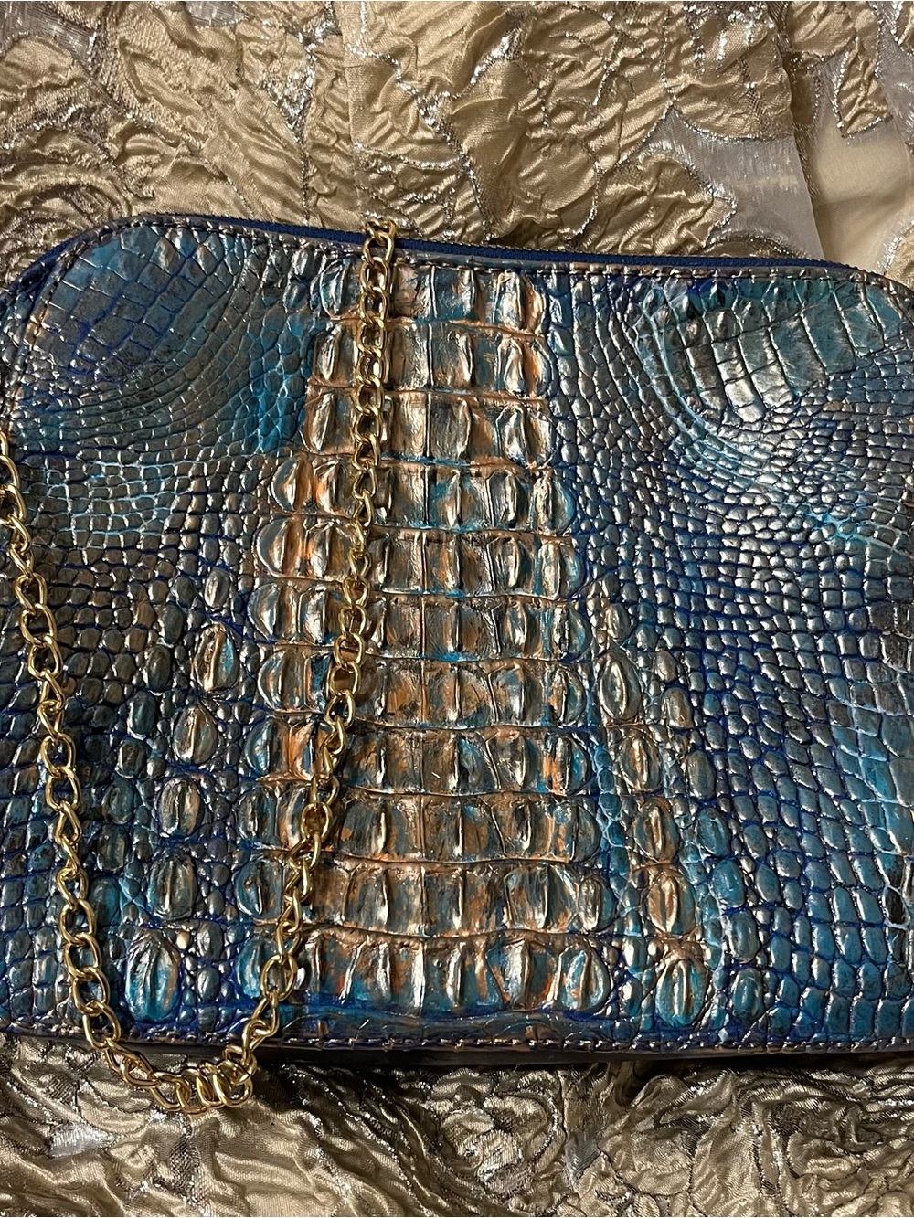 Metallic Blue Croc-Embossed Chain Shoulder Bag